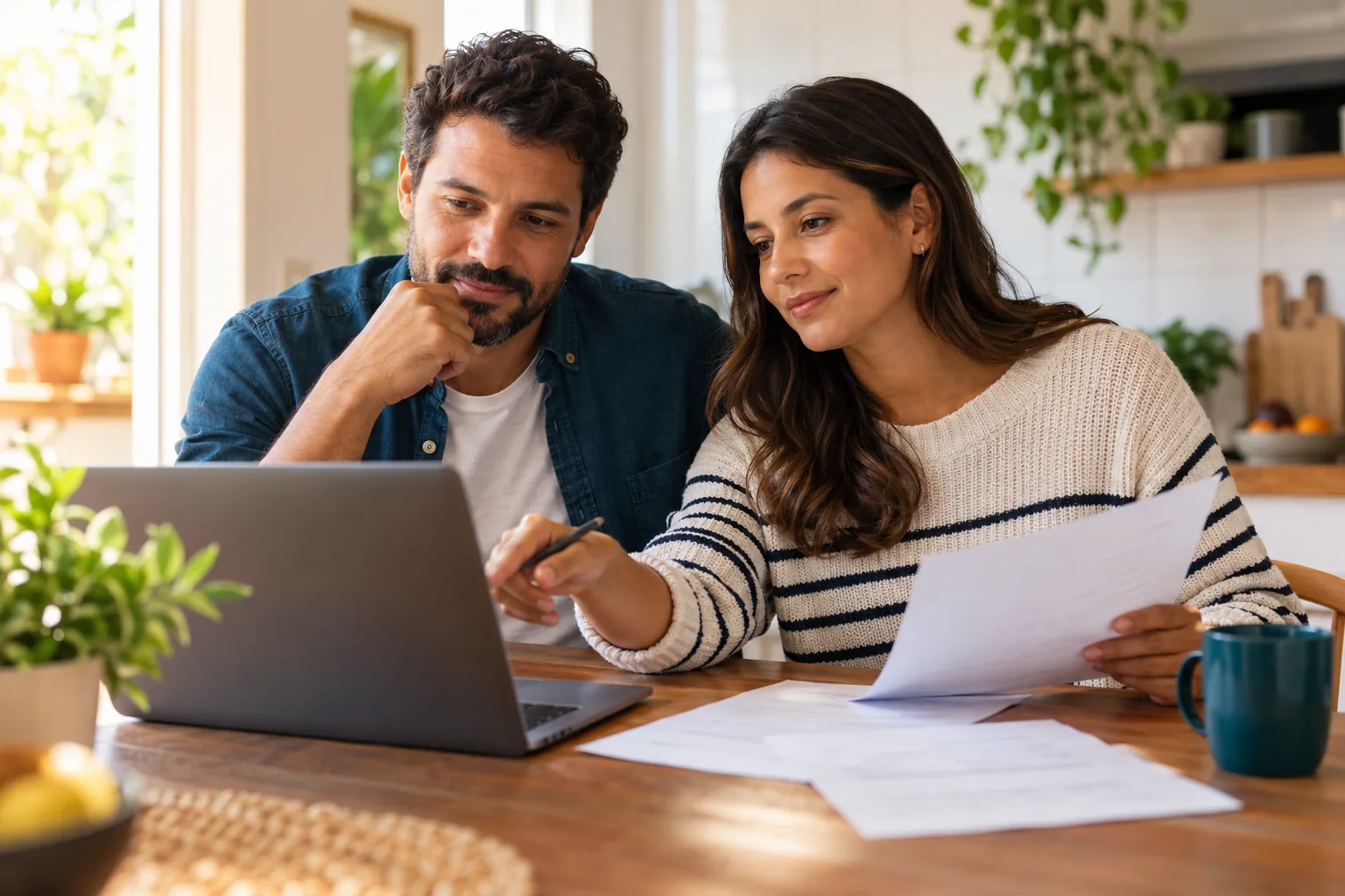 Casal revisando papéis sobre a mesa de casa