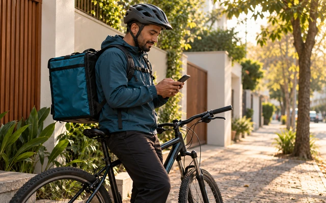 Entregador com capacete conferindo o celular ao lado da bicicleta