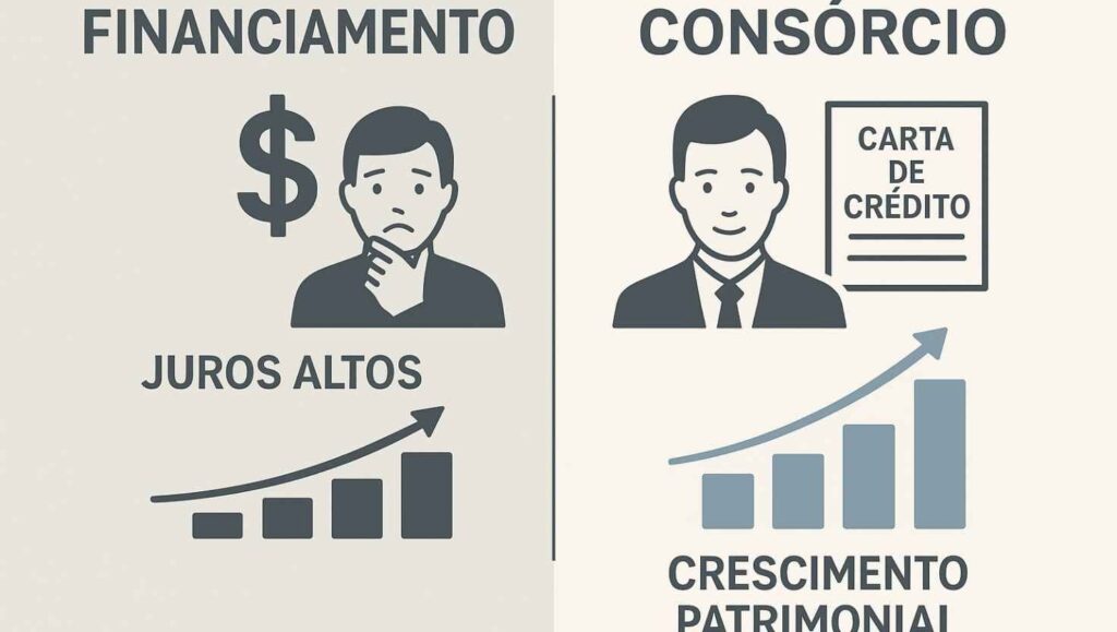 Infográfico comparando financiamento com juros altos e consórcio com crescimento patrimonial, destacando segurança e valorização da carta de crédito.