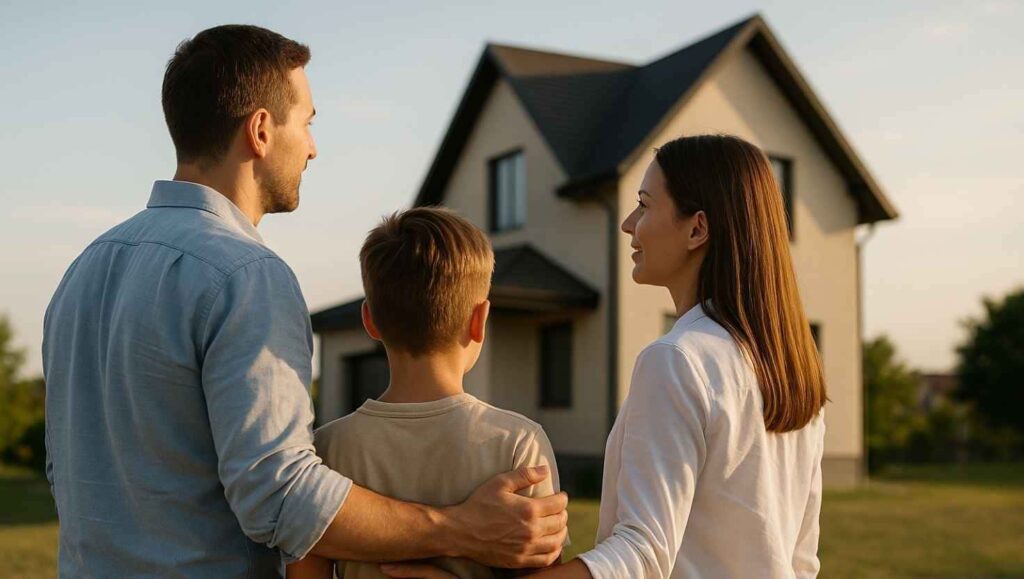 Família observando um imóvel ao pôr do sol, simbolizando crescimento patrimonial e planejamento financeiro de longo prazo.