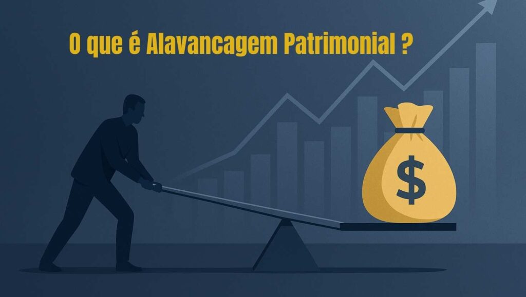 Ilustração conceitual mostrando uma alavanca elevando um bloco dourado, simbolizando como a alavancagem patrimonial transforma parcelas mensais em crescimento de patrimônio.