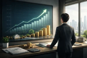 Planejamento patrimonial representado por pessoa analisando o crescimento do patrimônio em um ambiente corporativo, com foco em estratégia, segurança e longo prazo.