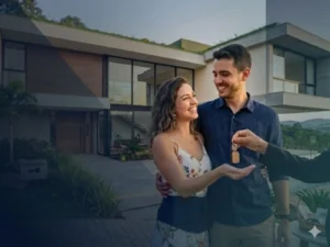 Casal jovem sorridente recebendo as chaves de uma casa moderna de alto padrão em Bragança Paulista, simbolizando a contemplação de um consórcio imobiliário.