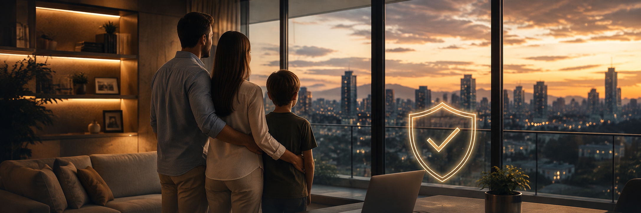 Família observando a cidade ao entardecer, com ícone de proteção